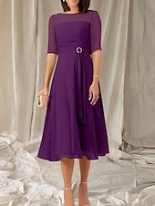 abordables Longueur du thé-Robe Mère de la Mariée A-Line Invité de Mariage Élégante Col Ras du Cou Longueur Thé Chiffon Manches Mi-longues avec Sash  Ruban Robe Midi Froncée
