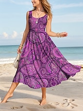 preiswerte Boho Kleider-Damen Midikleid Sommerkleid A Linie Kleid Schulterfreies Kleid Urlaub Lässig Normale Passform Grafik Paisley-Muster Boho Paisley Damast Ärmellos U-Ausschnitt Rundausschnitt Wein Blau Fuchsie Grün