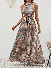 billiga Boho klänningar-Dam Maxiklänning A linjeklänning Off Shoulder Klänning Semester Ledigt Boho Utomhus Utekväll Normal Grafisk Paisley Ärmlös Halterneck Blå Purpur Brun Aprikos Sommar