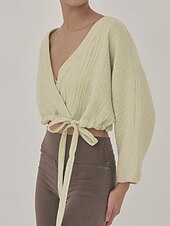 billige Skjorter-Dame Linskjorte Bluse عادي Fritid Langermet V-hals Crop Tops Daglig Ut på byen knyte foran Hvit Gul Brun Sommer