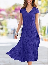 voordelige Thee Lengte-Strandbruiloft Sheath Moeder van de Bruid Jurk Bruiloft Gast Elegant Party Petite V-hals Thee Lengte Kant Korte Mouw met Plissee Effen Kleur gratis maatwerk