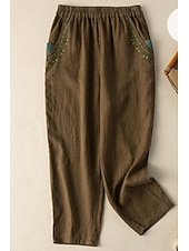 abordables Fondos Falsos Esenciales-Mujer Algodón Compuesto Lino de algodón sintético pantalones Pantalones de verano Ropa de calle Casual Hasta el Tobillo Cintura Media Floral Bordado Bolsillo Cintura elástica Confortable Cómodo