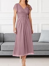cheap Wedding Guest Dresses-A-Line Wedding Guest Dresses Elegant Dress Wedding Guest Engagement Tea Length Short Sleeve V Neck Chiffon with Pleats Ruched