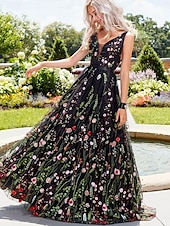 levne Plesové šaty-A-line quinceanera šaty elegantní šaty svatební šaty pro svatební hosty dlouhé šaty bez rukávů výstřih do V polyester bez zad s květinovým potiskem kde jsou sklady