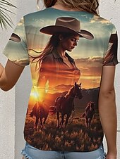 cheap Kentucky Top-Kentucky Derby Women&#039;s T Shirt Graphic Animal Scenery Western Casual Short Sleeve Crew Neck Round Neck Regular Tops Daily Print Orange Summer