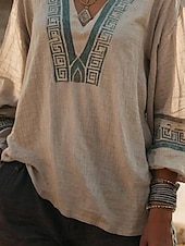 levne Dámské boho topy-Dámské Halenka Květinový Grafika Geometrický Čechy Vinobraní Tropický vzhled Dlouhý rukáv 3/4 délka rukávu Do V Běžné topy Nabírané šaty Výšivka Tisk Béžová Léto Jaro