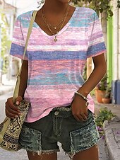 billige Stripe og geometrisk t-skjorte-Dame T skjorte Grafisk Stripet Stilfull Klassisk Fritid Kortermet V-hals Vanlige topper Daglig Trykt mønster Rosa Sommer