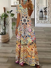 ieftine Rochie boho-Pentru femei Rochie Maxi Rochii Tricou Rochie de Vară Rochie de vară Vacanță Boho Concediu Fit regulat Grafic Tribal Abstract Manșon scurt Stil Nautic Galben Albastru piscină Mov Portocaliu Var