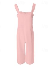 billige Vanlig linbukse i bomull-dame normale dungarees romper avslappet ensfarget ermeløs u-hals knapper lomme gate fest normal passform hvit rosa blå sommer