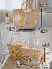 abordables Cabas et fourre-tout-Sac fourre-tout en paille brodé marguerite pour femme - sac fourre-tout de plage d&#039;été avec motif floral, cocotier, citron, style bohème décontracté, adapté aux vacances et à un usage quotidien