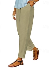 economico Pantaloni in lino e cotone semplici-Per donna Pantaloni in cotone e lino Pantaloni Eleganti Casual Lunghezza intera Naturale Semplice Tasca Elastico in vita Comodo All&#039;aperto Confortevole Ferie Uscire Cammello Nero Bianco Blu Estate