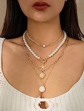 cheap Women&#039;s Necklace-Women&#039;s Boho Layered Shell and Bead Necklace Set – Beach-Style Turquoise Pendant and Gold Charms for Summer Vacations and Festivals