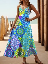 tanie Sukienki boho-Damskie Sukienka maxi Sukienka A line Sukienka na ramiączkach Urlop Codzienny Boho Plaża Regularny Kwiaty Graficzny Bez rękawów W serek Cienkie ramiączka Czerwony Niebieski Zielony Lato Wiosna