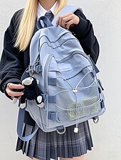 cheap College Backpacks-Unisex School Backpack with Monkey Keychain – Durable Red Travel Bookbag with Mesh Front Pocket and Bungee Cord for Teens and Students
