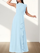 baratos Vestidos para Madrinhas-Vestido de dama de honra em corte A, decote redondo, sem mangas, elegante, longo, chiffon com babados / franzido 2025
