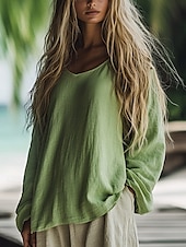 abordables Tops bohèmes-Femmes Chemisier occidental Chemises en lin Uni Bohème ancien Boho manche longue Col en V Hauts Réguliers Quotidien Fête Vert Été