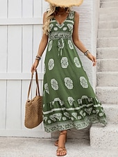 billige Boho-kjoler-Dame Maxikjole Solkjole Kjole med A-linje Fit And Flare Dress Ferie Fritid Bohem utendørs Fest Ut på byen Normal Blomstret Grafisk Ermeløs V-hals Grønn Sommer
