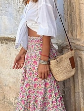 cheap Graphic Skirts-Women&#039;s Skirt Maxi Skirt A Line Swing Bohemia Casual Maxi High Waist Skirts Floral Pocket Print Micro-elastic Street Daily Pink Fuchsia Summer Polyester Cotton Blend