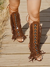 cheap Vacation Sandals-Women&#039;s Brown Boho Fringe Gladiator Heeled Sandals – Western Style Knee-High Lace-Up Boots for Music Festivals, Summer Parties &amp; Retro Fashion