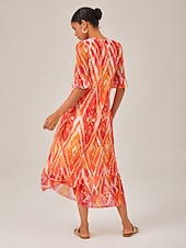 ieftine Rochii florale-Pentru femei Rochie Midi Rochii Midi Portocaliu Manșon scurt Folk Imprimare Primavara vara În V Rochie model S M L