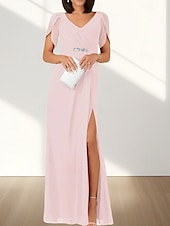 cheap Wedding Guest Dresses-A-Line Wedding Guest Dresses Elegant Dress Wedding Guest Engagement Floor Length Short Sleeve V Neck Chiffon with Ruched Beading Slit