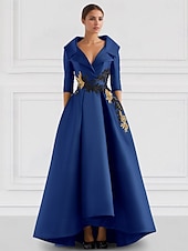 preiswerte SCHWARZ-Schwarzes A-Linie Abendkleid Vintage Gesticktes Elegantes Kleid Smokingkleid Formal Bodenlang Langarm V-Ausschnitt Tasche Satin mit Perlenapplikationen