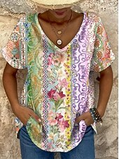 abordables T-shirt Boho-Femmes T-shirt Fleuri Graphique Géométrique ancien Ethnique Occasionnel Manche Courte Col en V Hauts Réguliers Quotidien Week-end Tenue de plage Imprimé Bleu Violet Été Printemps