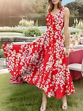 preiswerte Blumenkleider-Damen Midikleid Sommerkleid A Linie Kleid Schulterfreies Kleid Urlaub Party Geburtstag Outdoor Party Ausgehen Standard Passform Blumen Grafik Ärmellos U-Ausschnitt Meerblau Rote Himmelblau Sommer