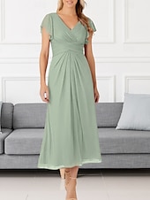 cheap Wedding Guest Dresses-A-Line Wedding Guest Dresses Elegant Dress Wedding Guest Engagement Tea Length Short Sleeve V Neck Chiffon with Pleats Ruched