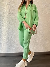abordables Ensembles-Femmes Mode Streetwear Ensembles en coton et lin Ensembles deux pièces Ensembles de Pantalons manche longue Col de chemise Uni Tenue quotidienne Date Rose Claire Vert Beige Été Coupe régulière
