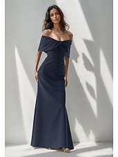 abordables BLEU-Robe de soirée sirène rose bleue élégante Robe formelle longueur de sol sans manches épaules dénudées crépon extensible avec nœud(s) ruché