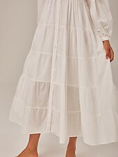 preiswerte Freizeitkleidung-Damen Lockeres Kleid Resort-Kleidung Weiß Langarm Solide / einfarbig Lang Frühling &amp; Herbst V Ausschnitt Strand Design Urlaub XS S M