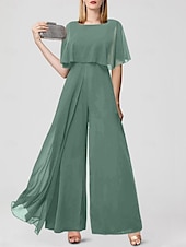 baratos Macacões da mamãe-Jumpsuits para Convidadas de Casamento Elegantes Formais Comprimento Longo Mangas Curtas Decote Joaninha Chiffon com Franjas 2025 tamanho personalizado gratuito