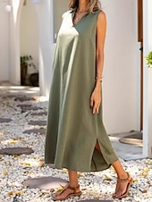 preiswerte Kleider aus Baumwolle und Leinen entwerfen-Damen Maxikleid Trägerkleid Elegant Stilvoll Lässig Ärmellos Normale Passform Einfach Ärmellos V Ausschnitt Kamel Armeegrün Dunkelblau Sommer Frühling Herbst