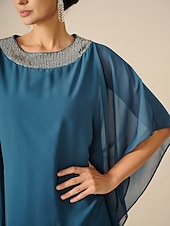 preiswerte abendkleider-Damen Knielanges Kleid Chiffonkleid Elegant Party Einfarbig Halbarm Rundhalsausschnitt Blau Sommer Frühling Herbst
