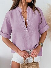 abordables Camisas-Mujer Camisa Color sólido Plano Bohemia Diario Elegante Manga 3/4 Cuello Alto Tops regulares Diario Festivos Noche Botones Negro Rosa Azul Piscina Morado Verde Trébol Verano Primavera