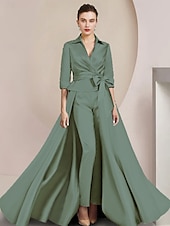 billige Mammas jumpsuits-To-delt jumpsuit/buksedress mor til bruden formell bryllupsgjest elegant skjortekrage ankel lengde sateng halv erme med sløyfe(r) gratis tilpasset størrelse
