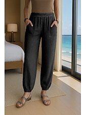 economico Pantaloni in lino e cotone semplici-Per donna Pantaloni in cotone e lino Comfort Lunghezza intera Vita Alta Semplice Tasca Fascia Elastica Comodo All&#039;aperto Confortevole Streetwear Abbigliamento quotidiano Uscire Nero Bianco Blu marino