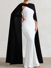 cheap WHITE-Black and White Cape Dress Mermaid / Trumpet Detachable Cape Evening Gown Elegant Dress Semi Formal Wedding Wedding Guest Dress Floor Length Crew Neck Stretch Crepe with Ruched Details