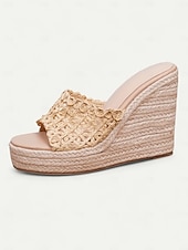 olcso Nyári szandálok-női bézs szőtt ékszandál – kézműves raffia felsőrész, espadrille platform kialakítás nyári tengerparti nyaraláshoz és üdülőhelyi viselethez