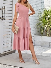 abordables Robes-Femmes Robe Midi Robe Blanche Robe en coton et lin Mode Moderne Extérieur Vacances Anniversaire Coupe régulière Uni Sans manches Une Épaule Rose Claire Noir Blanche Vert Véronèse Été