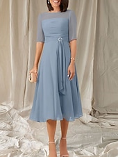 abordables Longueur du thé-Robe Mère de la Mariée A-Line Invité de Mariage Élégante Col Ras du Cou Longueur Thé Chiffon Manches Mi-longues avec Sash  Ruban Robe Midi Froncée
