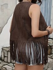 billige Boho topper-Dame Bluse عادي Moderne Fritid Ermeløs V-hals Vanlige topper Daglig Ferie Ut på byen Frynser Svart Brun Kakifarget Sommer