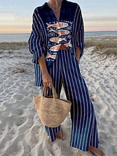 economico Abiti da donna con camicetta-Completi da donna moda streetwear quotidiani in 2 pezzi con camicia a maniche lunghe colletto grafico casual per giornate in spiaggia rosso blu navy blu estate vestibilità regolare
