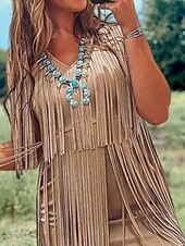 billiga Boho-toppar-Dam Mini klänning Tofsklänning Mode Modern Utomhus Semester Helgdag Normal Slät Ärmlös V-hals Kamel Sommar