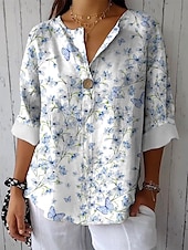billige Kvinne Grafiske Topper-Dame Skjorte Blomster Grafikk Elegant Vintage Tropisk Lang Erme V Hals Regulære Topper Daglig Ferie Lin Lignende Strand Klær Trykk Svart Himmel Blå Beige Sommer Vår