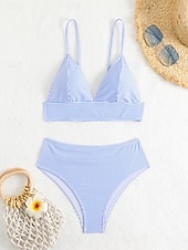 billiga Bikiniset-Kvinnors baddräkter bikini 2-delad tärnande baddräkt rygglös semester strandkläder randig V-hals ärmlös baddräkter