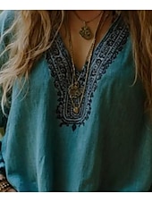 abordables Tops Boho pour Femmes-Blouse boho femme graphique florale bohème vintage tropicale à manches 3/4 col en V haut régulier bleu été printemps