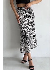ieftine Fuste grafice-Pentru femei Fustă Casual Maxi Talie Medie Fuste Leopard Imprimeu Micro-elastic Vacanță Stradă Alb Maro Bej Vară Mătase ca satinul