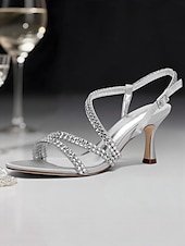 economico cocktail-sandali da donna con cinturino posteriore argentato e dettagli in strass – tacchi a gattino aperti e scintillanti per cocktail serali e ricevimenti nuziali